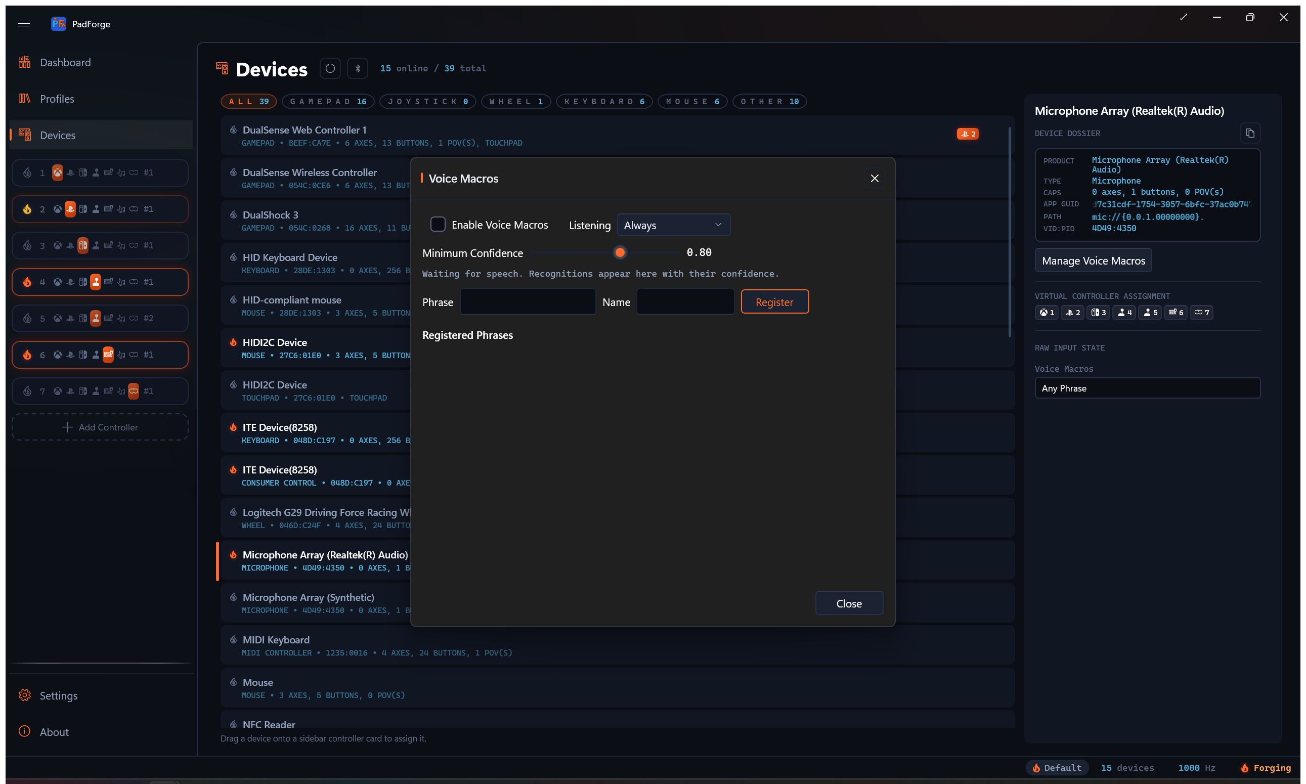The Voice Macros dialog