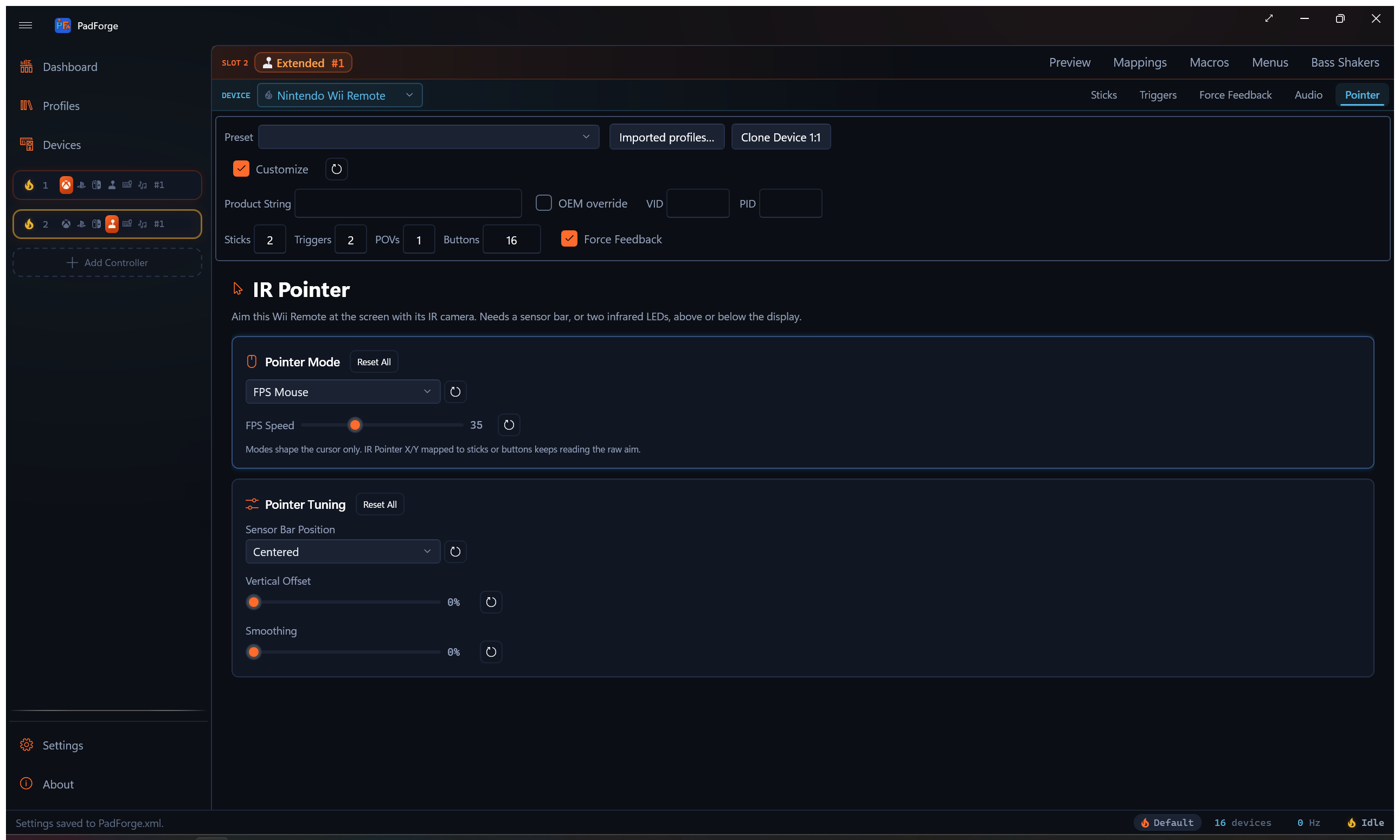 The Pointer Mode card with the mode dropdown and the FPS Speed slider