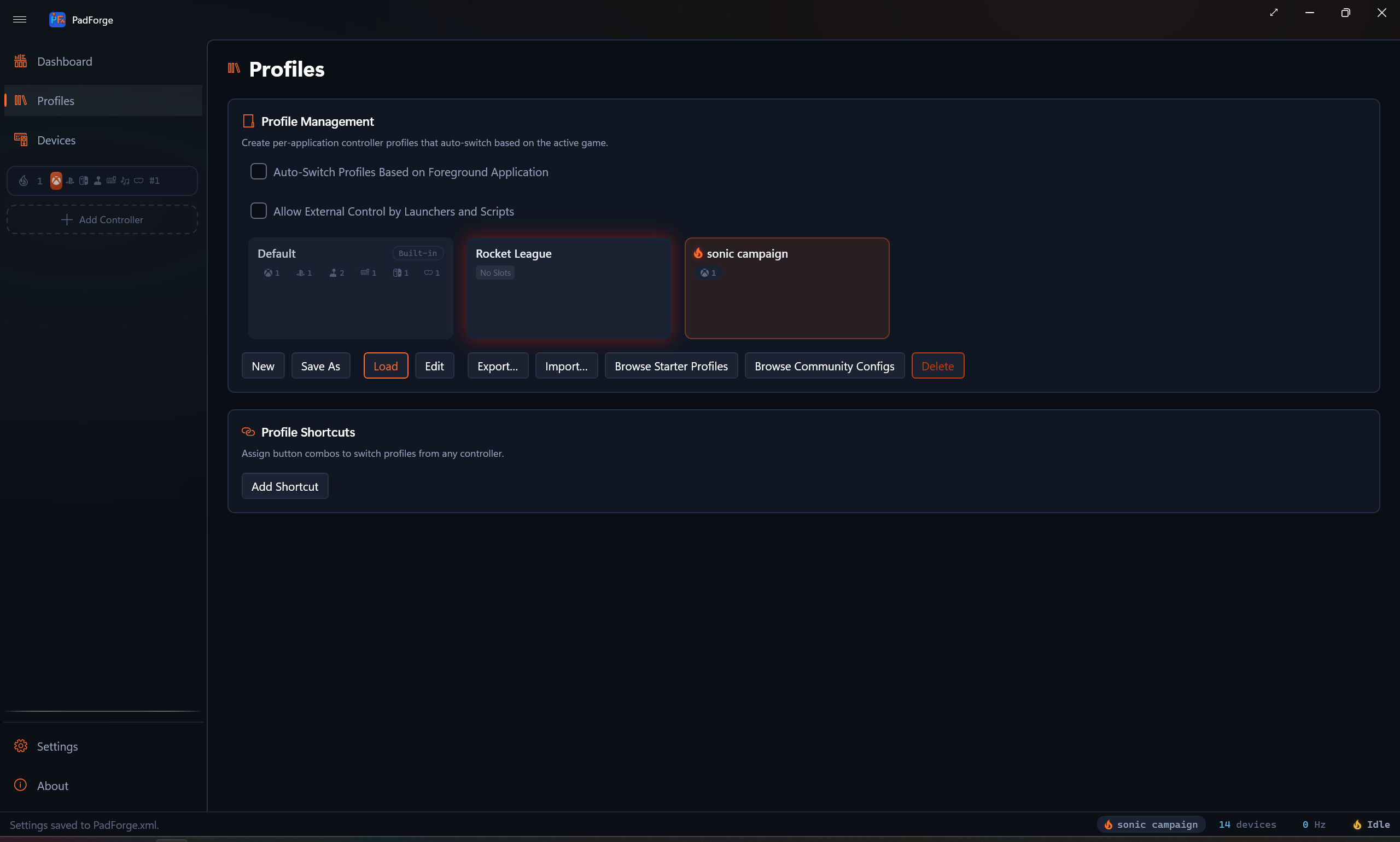 An imported config applied as an ordinary PadForge profile
